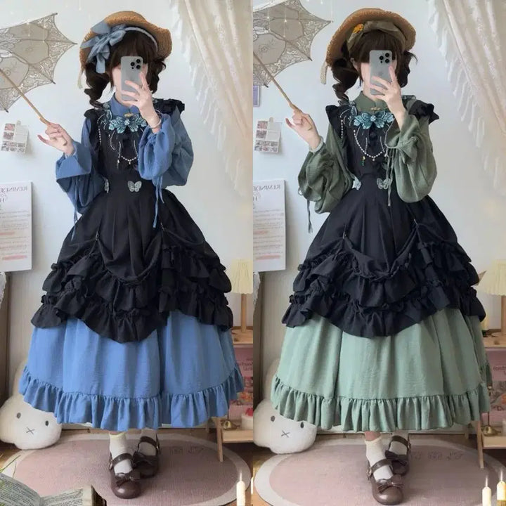 [BUNJANG] Classic Embroidered Lolita Dress Set / 클래식  자수 장식 로리타 원피스+오버스커트 세트