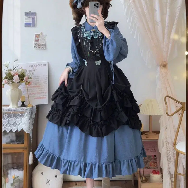 [BUNJANG] Classic Embroidered Lolita Dress Set / 클래식  자수 장식 로리타 원피스+오버스커트 세트