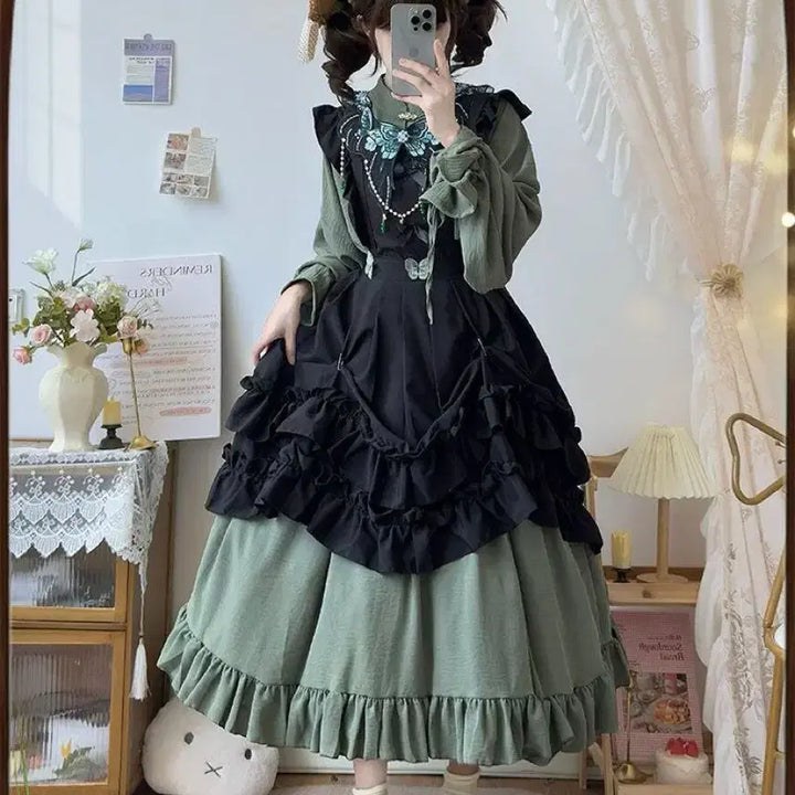 [BUNJANG] Classic Embroidered Lolita Dress Set / 클래식  자수 장식 로리타 원피스+오버스커트 세트
