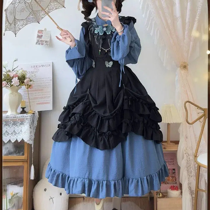 [BUNJANG] Classic Embroidered Lolita Dress Set / 클래식  자수 장식 로리타 원피스+오버스커트 세트