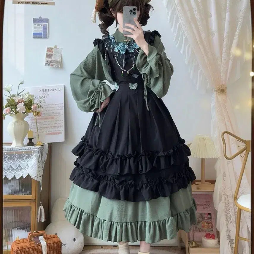 [BUNJANG] Classic Embroidered Lolita Dress Set / 클래식  자수 장식 로리타 원피스+오버스커트 세트