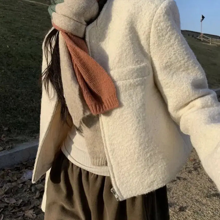 [BUNJANG] Paintedwood Ivory Tweed Jacket / 페인티드우드 집업 트위드 자켓 / 아이보리 라룸 어텀