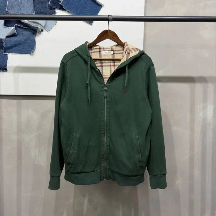 [BUNJANG] Beanpole Casual Logo Embroidered Checkered Hooded Zip-up Jacket / (95) 빈폴 캐주얼 로고 자수 체크 배색 후드집업 자켓