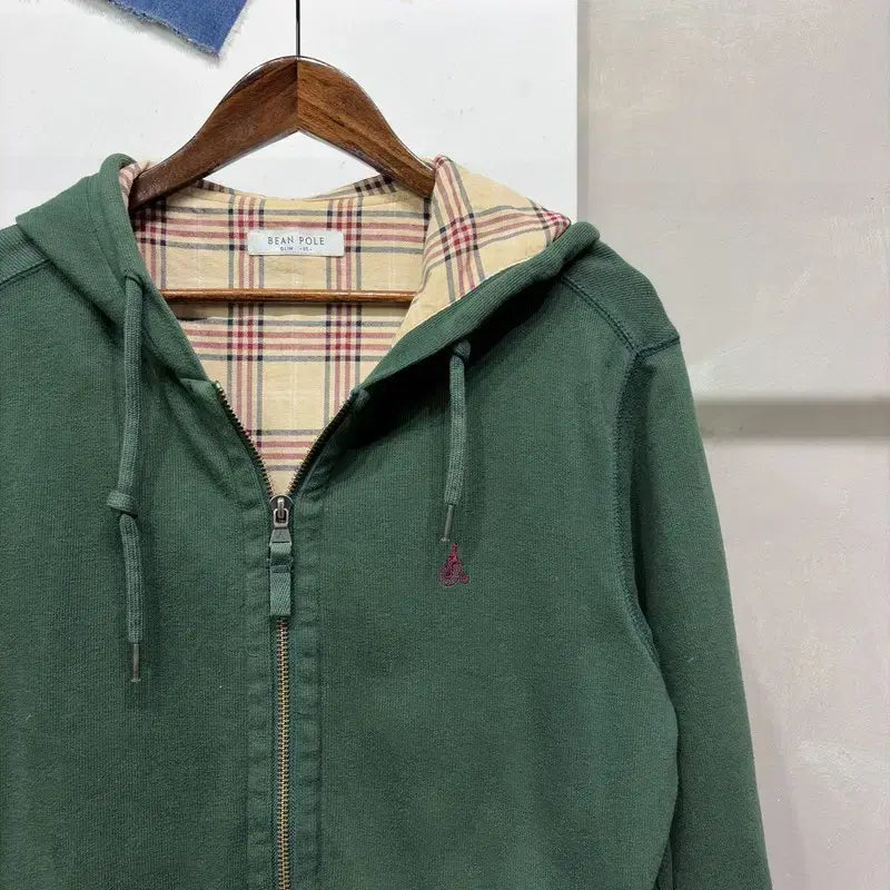 [BUNJANG] Beanpole Casual Logo Embroidered Checkered Hooded Zip-up Jacket / (95) 빈폴 캐주얼 로고 자수 체크 배색 후드집업 자켓
