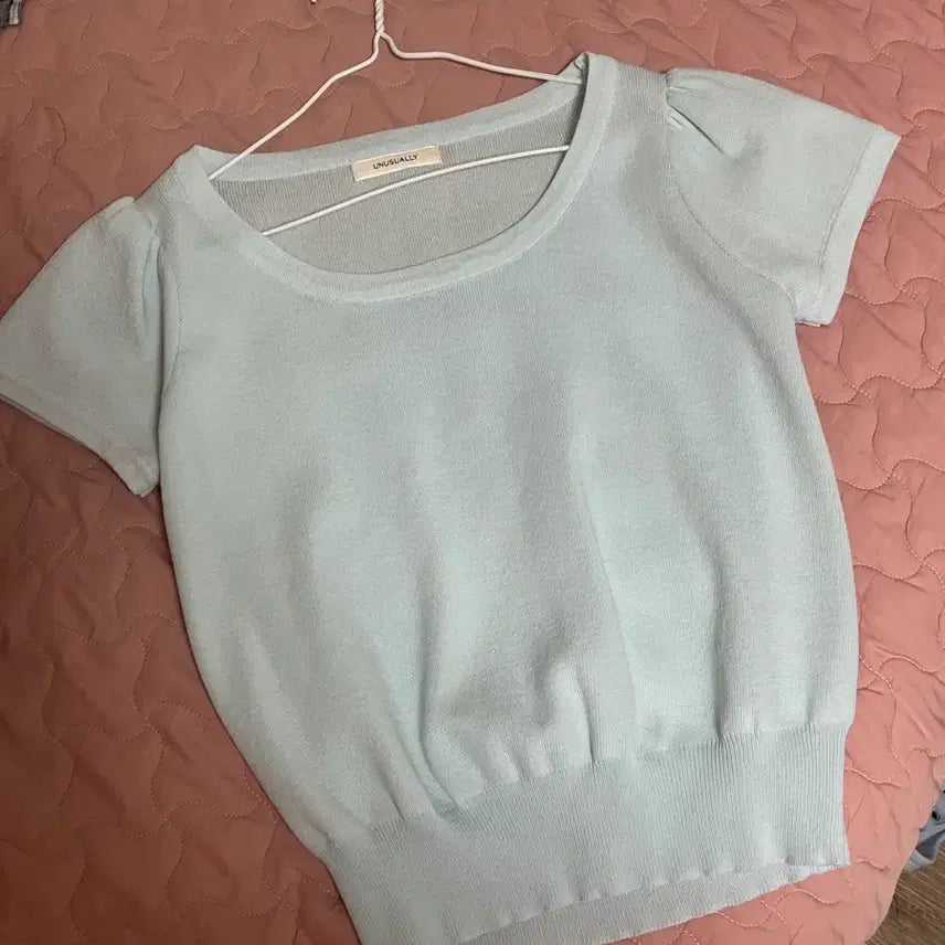 [BUNJANG] Mint Puff Sleeve Knit Top / 민트 퍼프 반팔니트
