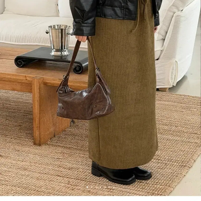 [BUNJANG] Herz Golf Ribbed Knit Maxi Skirt - Khaki / 로메아 헤로츠 골지 니트 맥시 스커트 카키