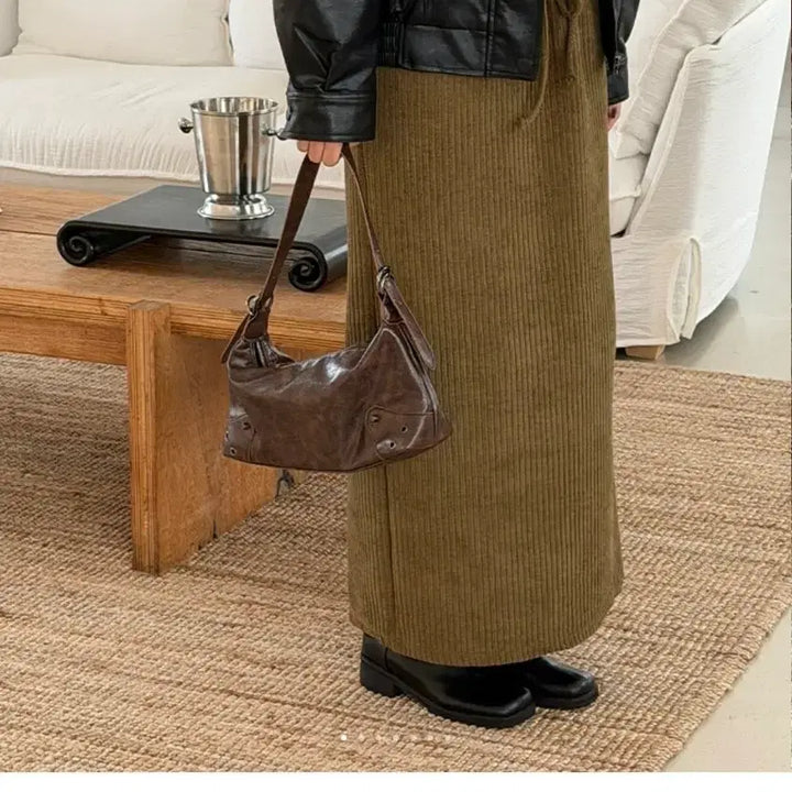 [BUNJANG] Herz Golf Ribbed Knit Maxi Skirt - Khaki / 로메아 헤로츠 골지 니트 맥시 스커트 카키