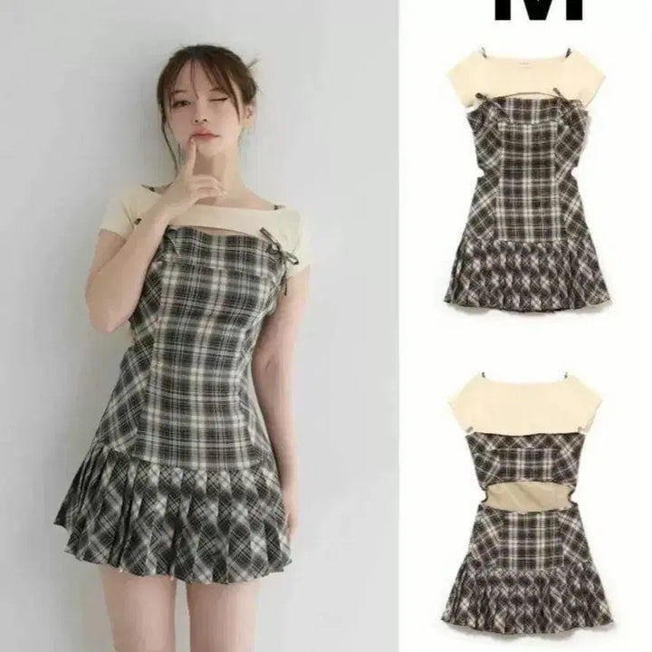 [SOLD OUT] andmary Karen check mini dress beige 스나계