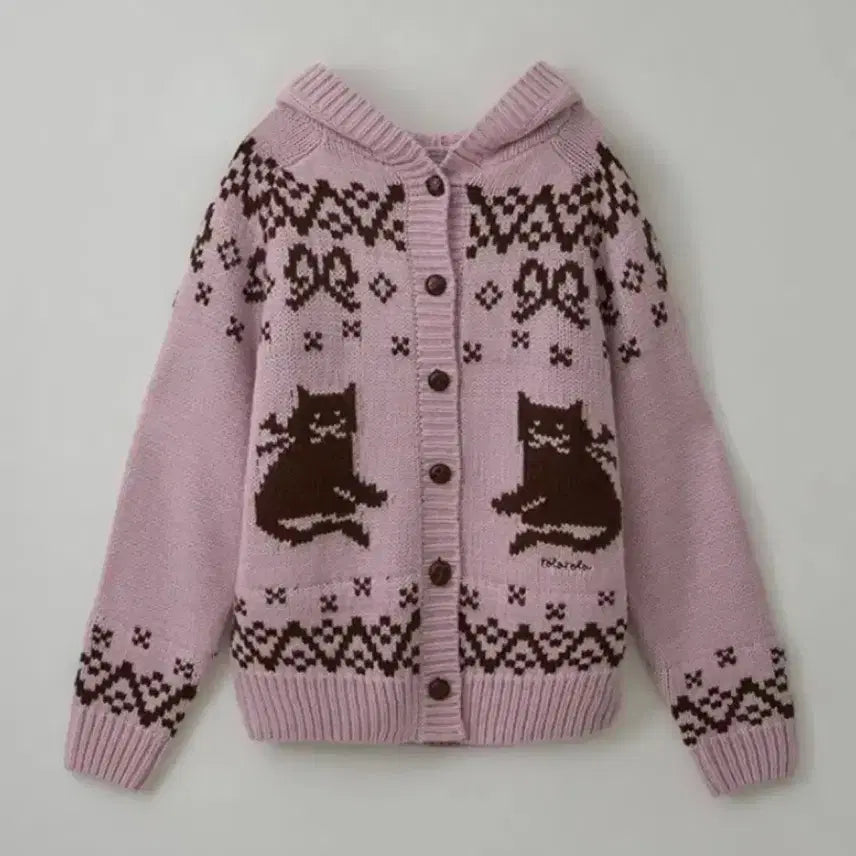 [BUNJANG] Rola Rola Cat Jacquard Hooded Cardigan - Pink / 로라로라 고양이 자카드 후드가디건 핑크