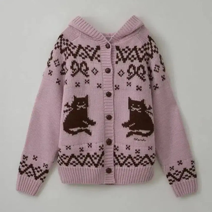 [BUNJANG] Rola Rola Cat Jacquard Hooded Cardigan - Pink / 로라로라 고양이 자카드 후드가디건 핑크