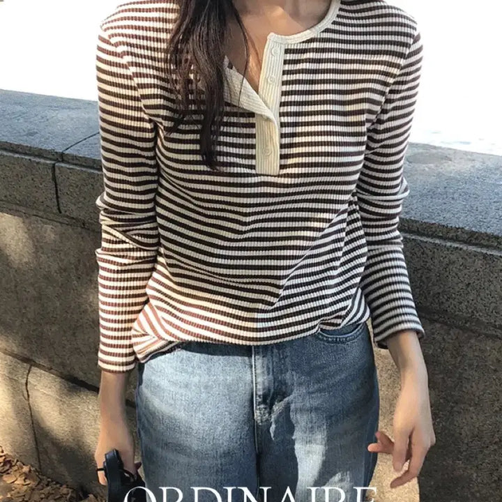 [BUNJANG] Striped Henley Neck T-shirt / 스트라이프 헨리넥 티셔츠