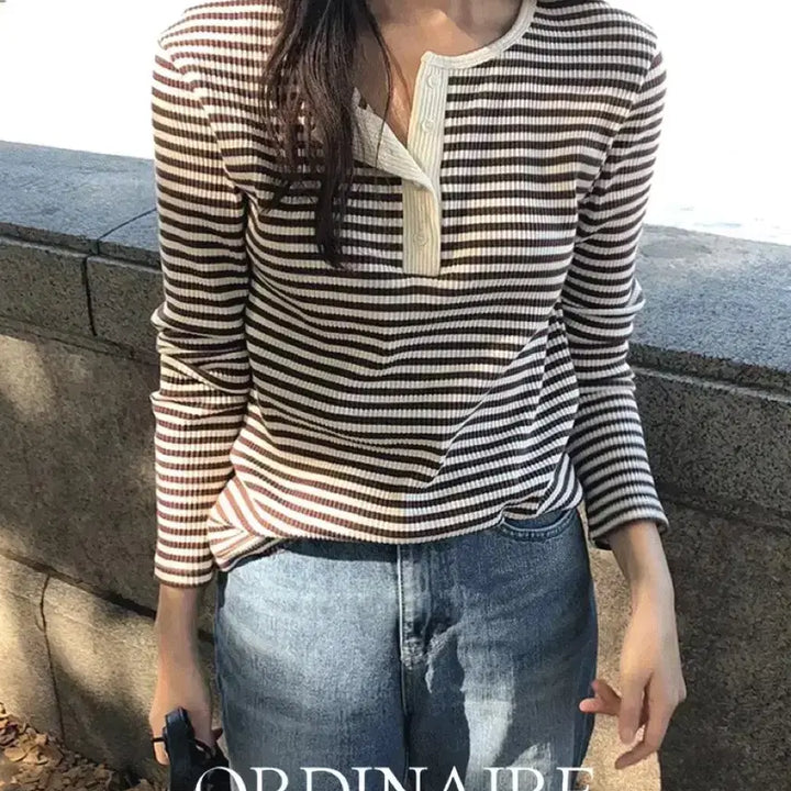[BUNJANG] Striped Henley Neck T-shirt / 스트라이프 헨리넥 티셔츠