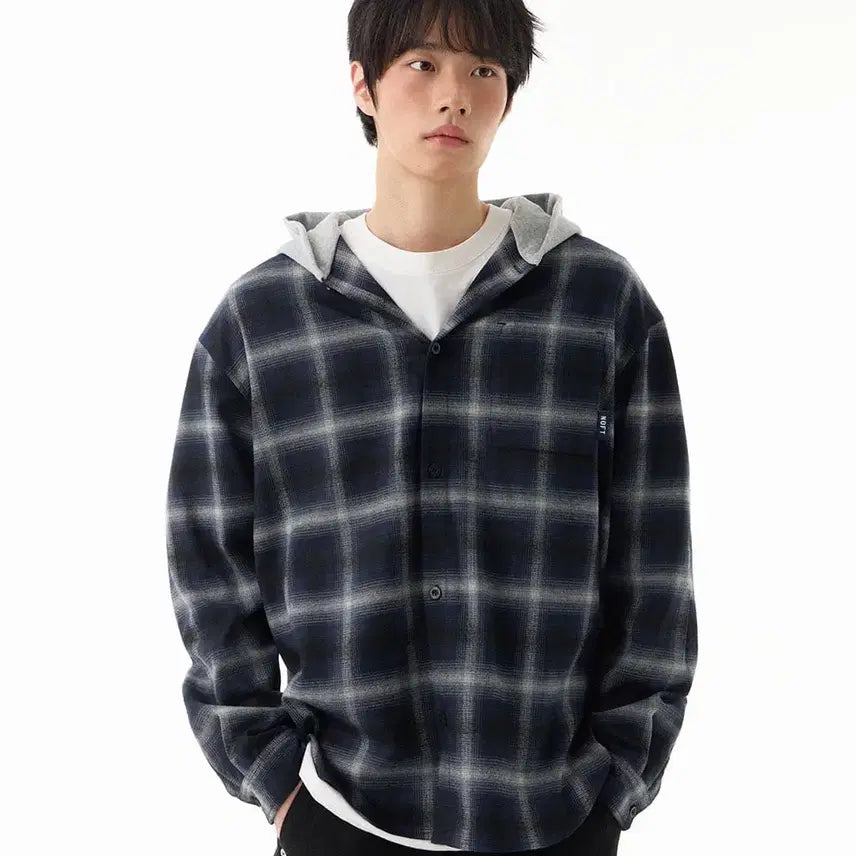 [BUNJANG] Not Only For Today Hooded Check Shirt Outer [Navy] / 낫온리포투데이 후디드 체크 셔츠 아우터 [네이비]