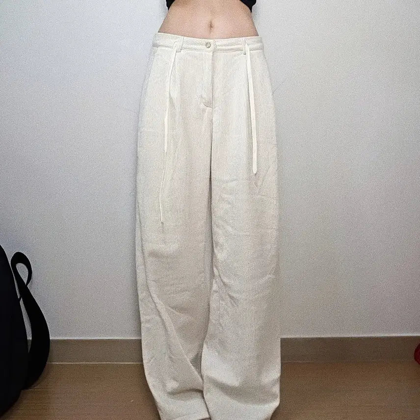 [BUNJANG] Ivory Corduroy Long Wide Pants / 여성 아이보리 골덴 기모 스트랩 롱 와이드팬츠 M-L