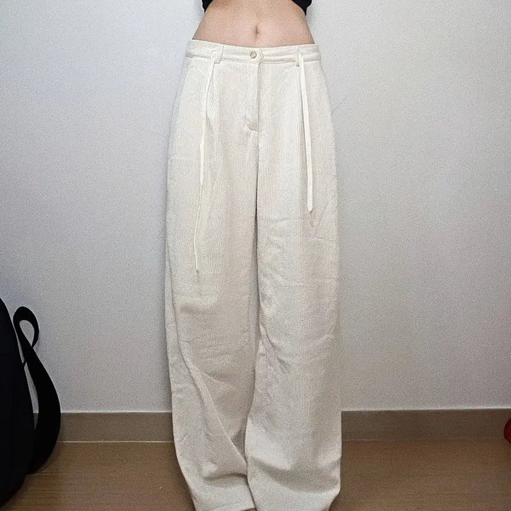 [BUNJANG] Ivory Corduroy Long Wide Pants / 여성 아이보리 골덴 기모 스트랩 롱 와이드팬츠 M-L
