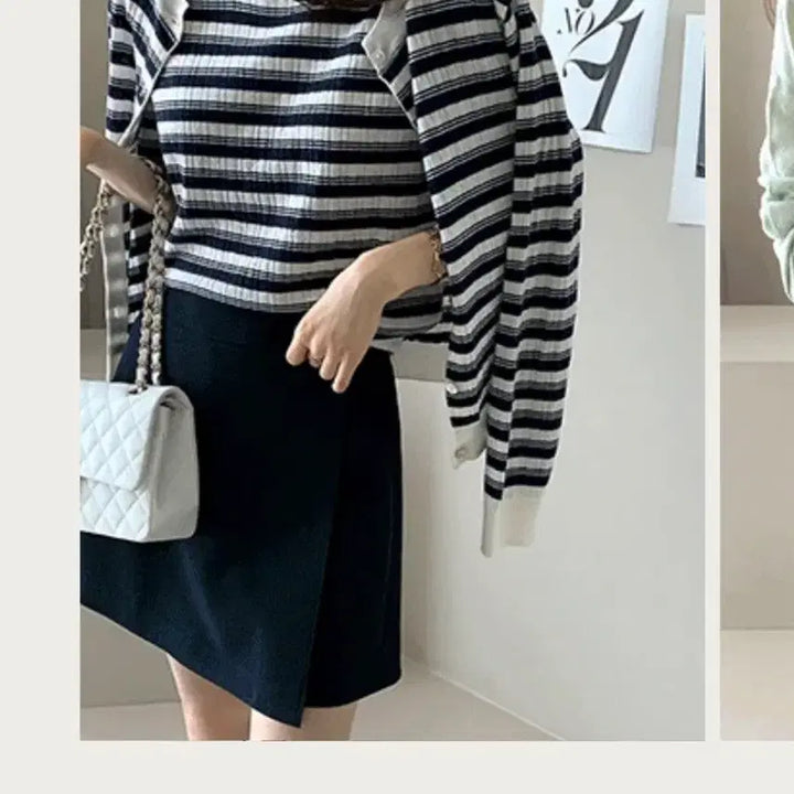 [SOLD OUT] 데일리룩 썸머울스트라이프가디건셋업 + 더로우랩스커트쇼츠