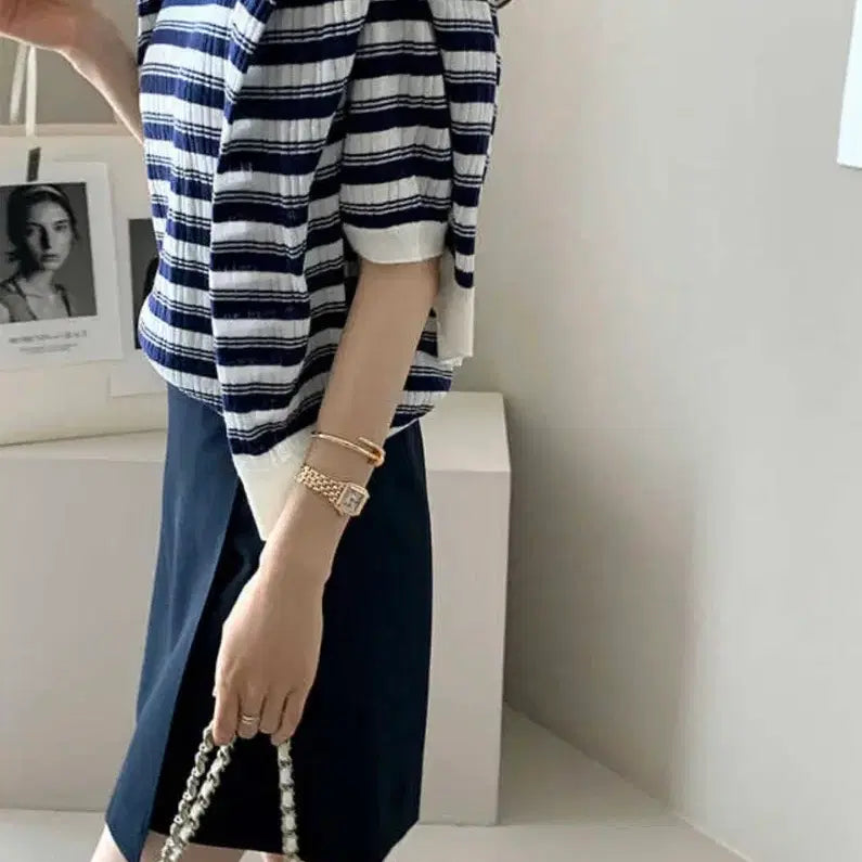 [SOLD OUT] 데일리룩 썸머울스트라이프가디건셋업 + 더로우랩스커트쇼츠