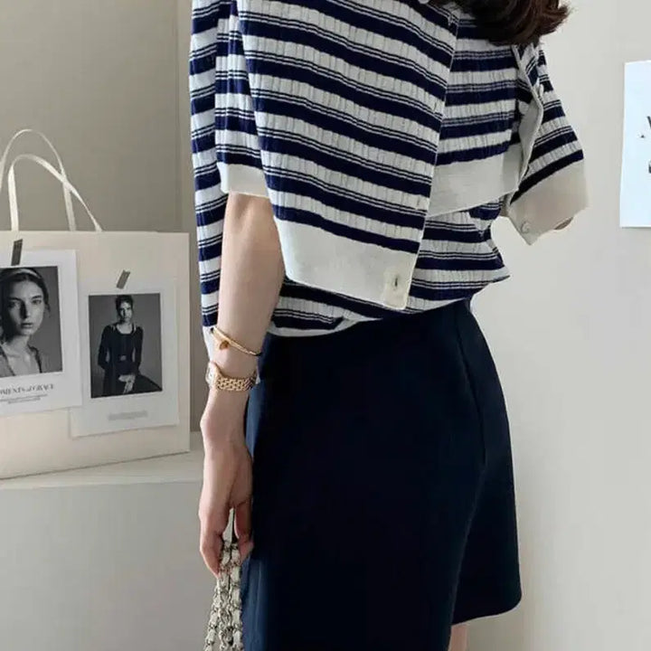 [SOLD OUT] 데일리룩 썸머울스트라이프가디건셋업 + 더로우랩스커트쇼츠