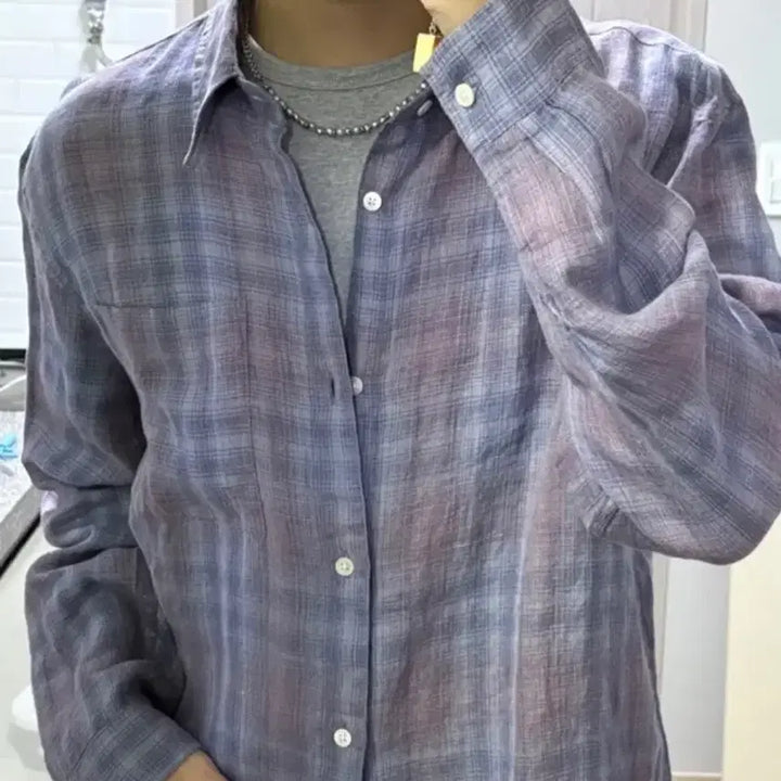 [BUNJANG] Hatching Room Museum Linen Check Shirt / [3]해칭룸 뮤지엄 셔츠 린넨 체크 퍼플