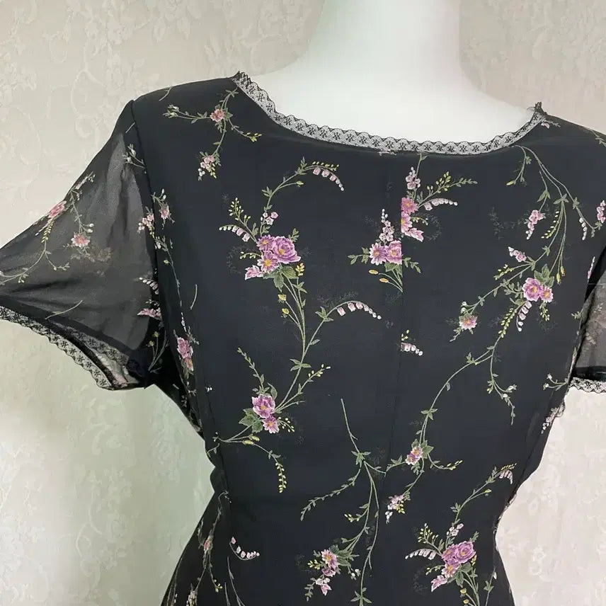 [BUNJANG] Black Floral Lace Long Dress / 블랙 플라워 레이스 롱 원피스