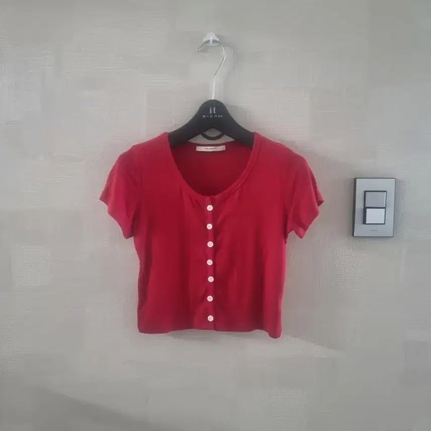 [BUNJANG] Red Crop Short Sleeve Ribbed T-shirt / 레드 크롭 반팔 골지 티셔츠 Free