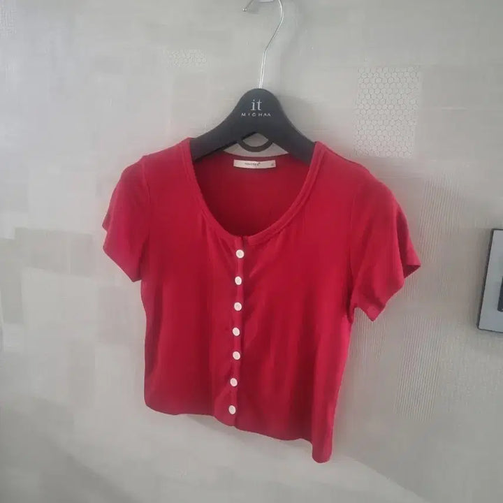 [BUNJANG] Red Crop Short Sleeve Ribbed T-shirt / 레드 크롭 반팔 골지 티셔츠 Free