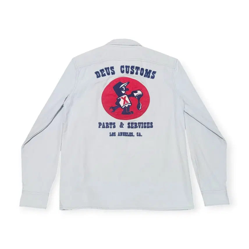 [BUNJANG] Deus Ex Machina Work Shirt Light Grey Embroidered Patch Back Print Streetwear / S)데우스 워크 셔츠 라이트그레이 자수패치 백프린팅 스트릿