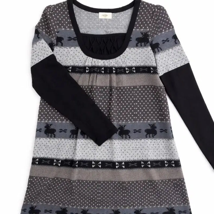 [BUNJANG] Vintage Japanese Deer Pattern Knit Long T-shirt Dress / 일본 빈티지 사슴 패턴 니트 롱 티셔츠