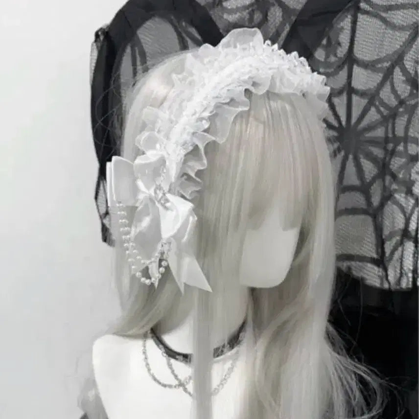 [SOLD OUT] 급처) 중브 지뢰계 레이스 리본 화이트 머리띠 헤도레