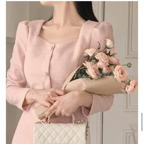 [BUNJANG] FromDayOne Heart Square Neck Tweed Dress Pink - Basic Length / 새상품) 프롬데이원 하트스퀘어넥 트위드 원피스 핑크컬러 기본기장
