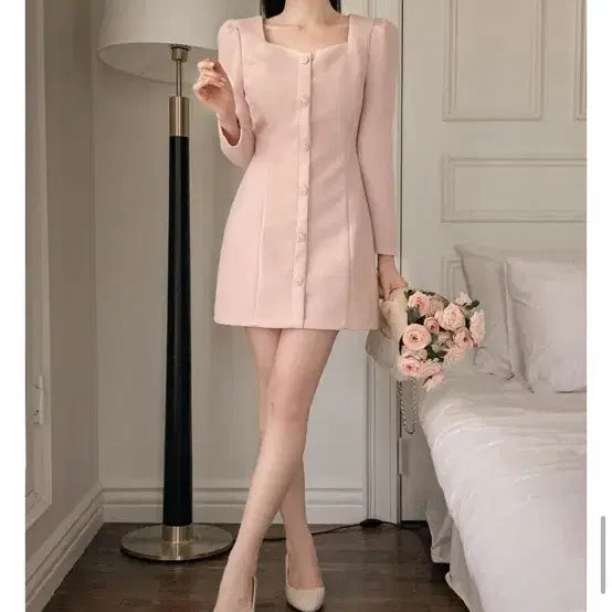 [BUNJANG] FromDayOne Heart Square Neck Tweed Dress Pink - Basic Length / 새상품) 프롬데이원 하트스퀘어넥 트위드 원피스 핑크컬러 기본기장