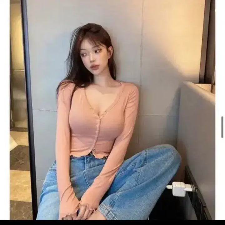 [BUNJANG] 히프나틱 연핑크 골지 버튼 가디건 / 히프나틱 연핑크 골지 버튼 가디건