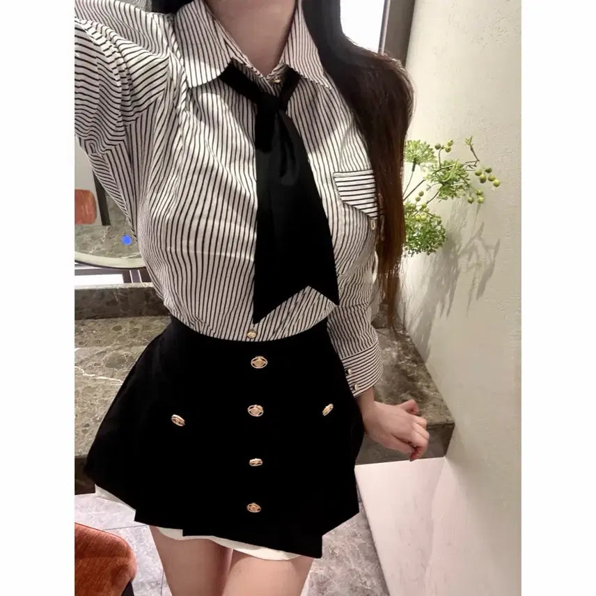 [BUNJANG] Color Block Gold Button Shirt and Skirt Set / [마지막/새상품] 배색 금장 타이 셔츠 배색 스커트 set
