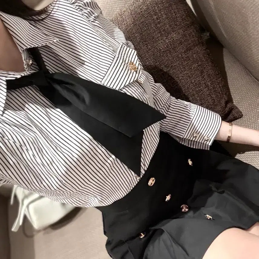 [BUNJANG] Color Block Gold Button Shirt and Skirt Set / [마지막/새상품] 배색 금장 타이 셔츠 배색 스커트 set