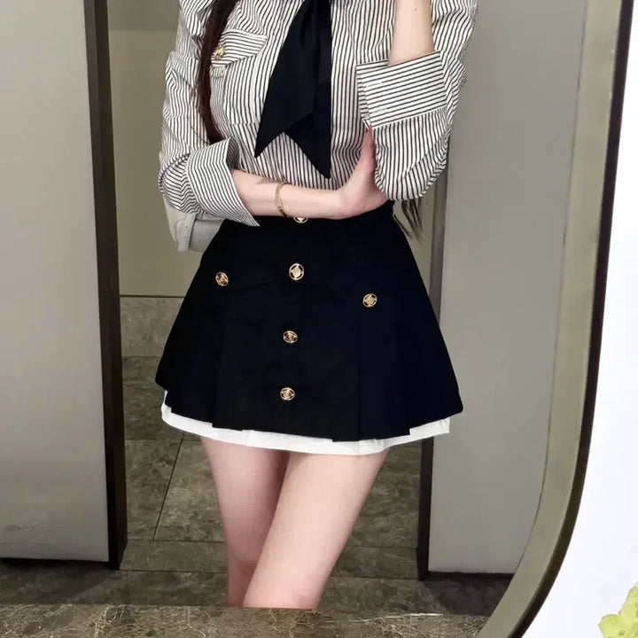 [BUNJANG] Color Block Gold Button Shirt and Skirt Set / [마지막/새상품] 배색 금장 타이 셔츠 배색 스커트 set