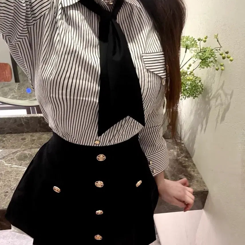 [BUNJANG] Color Block Gold Button Shirt and Skirt Set / [마지막/새상품] 배색 금장 타이 셔츠 배색 스커트 set