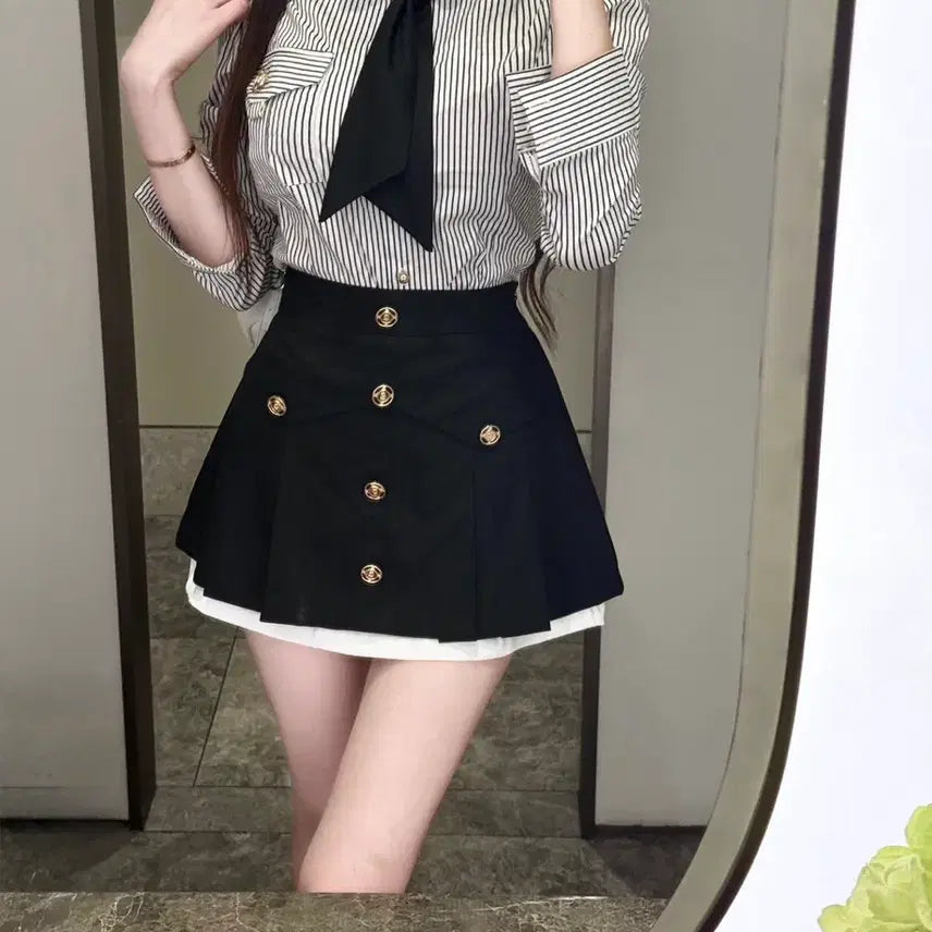 [BUNJANG] Color Block Gold Button Shirt and Skirt Set / [마지막/새상품] 배색 금장 타이 셔츠 배색 스커트 set