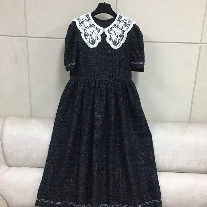 [BUNJANG] Black Tweed Short Sleeve Maxi Dress with Lace Collar / 레이스 카라 블랙 트위드 반팔 롱원피스