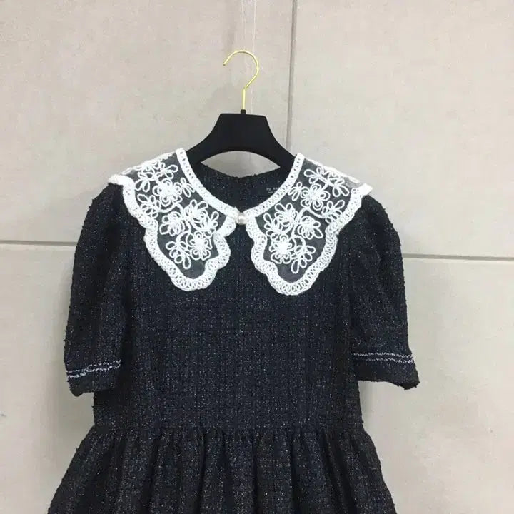 [BUNJANG] Black Tweed Short Sleeve Maxi Dress with Lace Collar / 레이스 카라 블랙 트위드 반팔 롱원피스