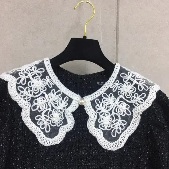 [BUNJANG] Black Tweed Short Sleeve Maxi Dress with Lace Collar / 레이스 카라 블랙 트위드 반팔 롱원피스