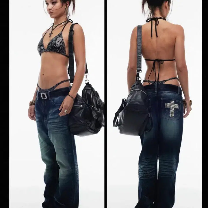 [BUNJANG] Night Lab Crystal Cross Studded Jeans / Night Lab 십자가 큐빅 스터드 진