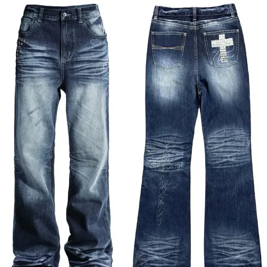 [BUNJANG] Night Lab Crystal Cross Studded Jeans / Night Lab 십자가 큐빅 스터드 진