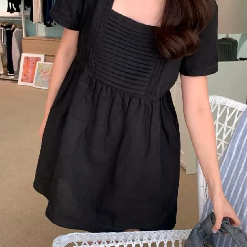 [BUNJANG] Liette Lace Linen Black Mini Dress / 리에뜨 레이스 린넨 블랙 원피스