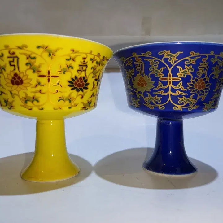 [BUNJANG] Pair of Yellow and Blue Joseon Dynasty Footed Cups / 박태 고족잔 두점