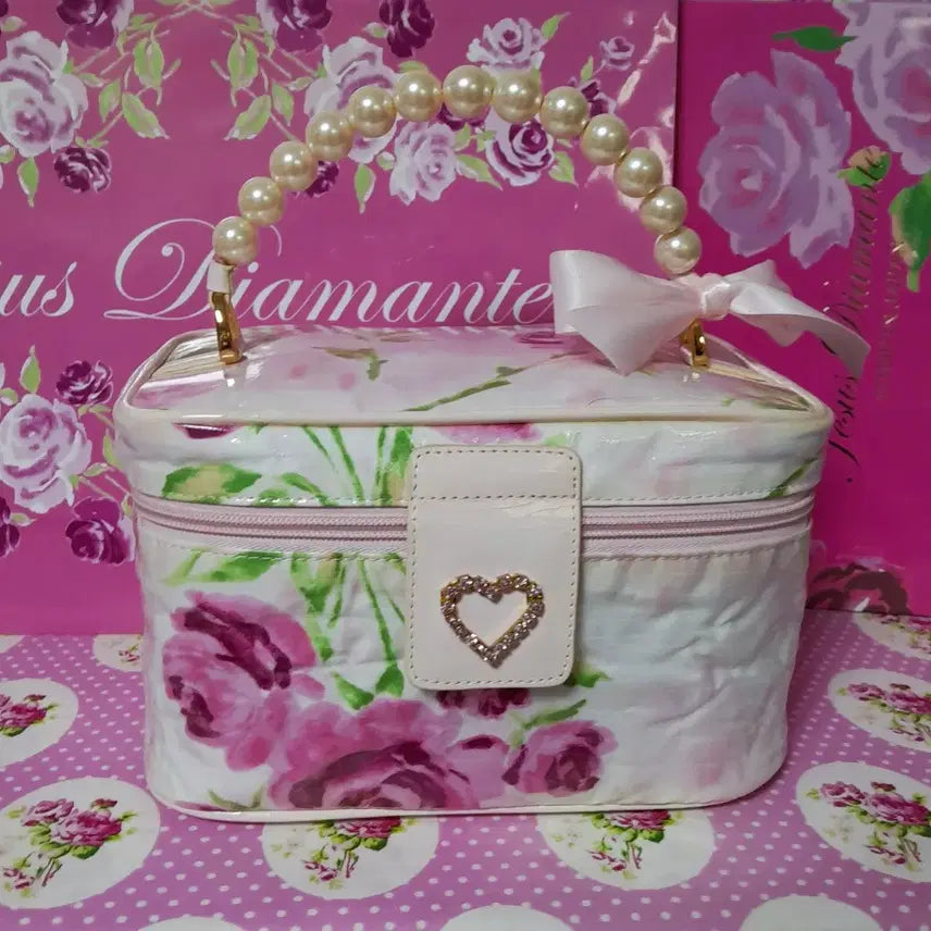 [BUNJANG] Jesus Diamante Hime Gyaru Faded Rose Pattern Vanity Pouch/Handbag with Pearl Handle / 지저스디아망떼 히메갸루 흐림장미무늬 베니티 진주핸들 파우치/핸드백