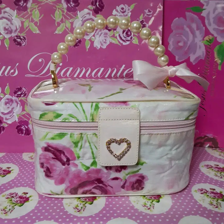 [BUNJANG] Jesus Diamante Hime Gyaru Faded Rose Pattern Vanity Pouch/Handbag with Pearl Handle / 지저스디아망떼 히메갸루 흐림장미무늬 베니티 진주핸들 파우치/핸드백