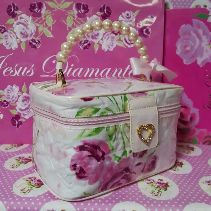 [BUNJANG] Jesus Diamante Hime Gyaru Faded Rose Pattern Vanity Pouch/Handbag with Pearl Handle / 지저스디아망떼 히메갸루 흐림장미무늬 베니티 진주핸들 파우치/핸드백
