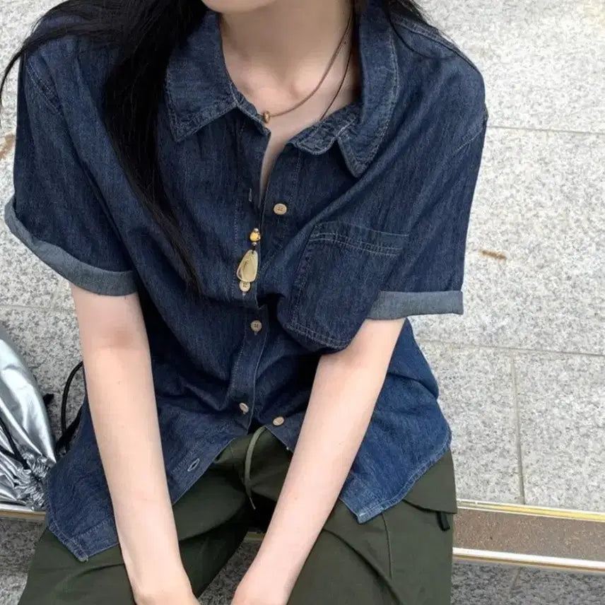 [BUNJANG] Wonder Wonder Oversized Denim Short Sleeve Shirt / 원더원더 박시 데님 반팔 남방 셔츠 청