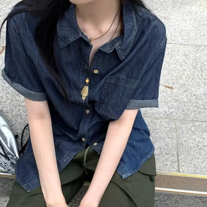 [BUNJANG] Wonder Wonder Oversized Denim Short Sleeve Shirt / 원더원더 박시 데님 반팔 남방 셔츠 청
