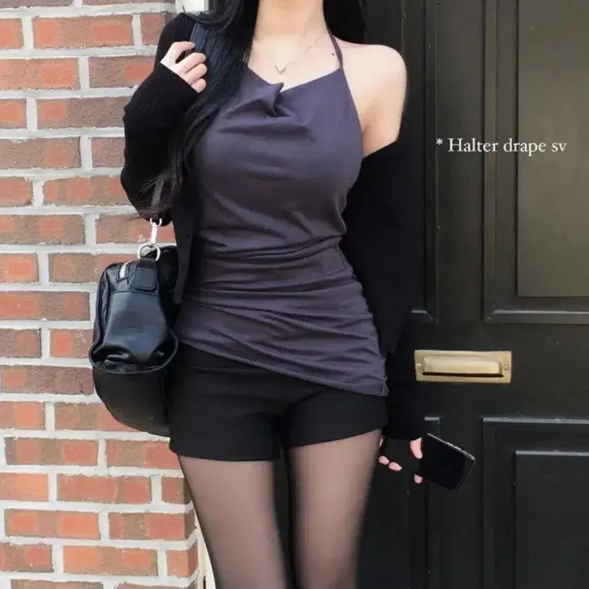 [BUNJANG] Ablie Ver. Halter Drape Tank Top Charcoal / 에이블리 베르 홀터 드레이프 나시 차콜